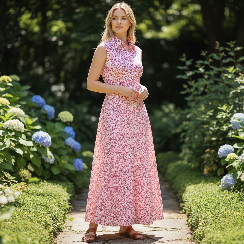 Livro Maxi Dress Women Small Coastal Boho Pink Floral Block Print Button Down
